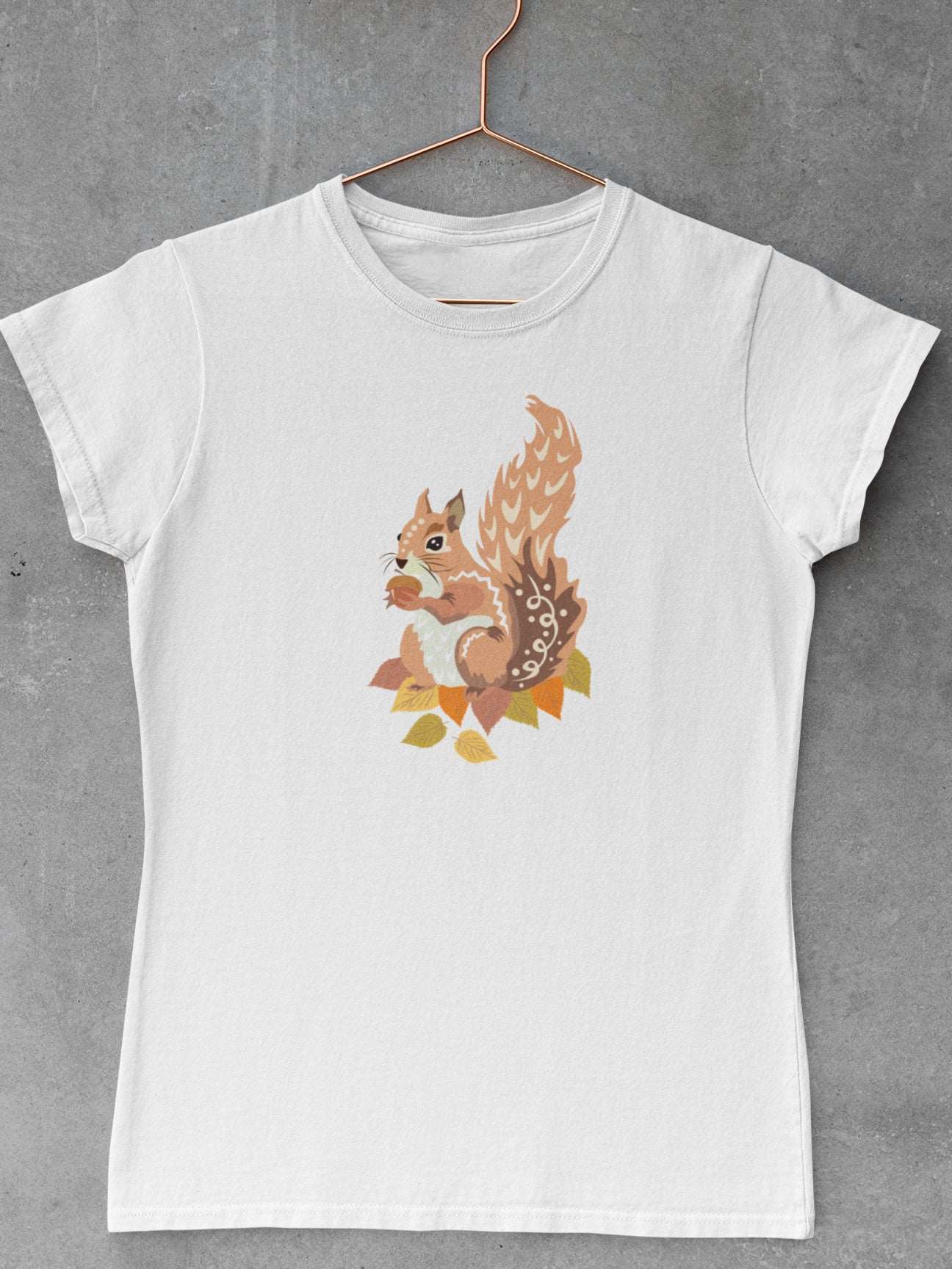 Tricou-bumbac-premium-organic-vegan-toamna-autumn-femei-hay-creations-Autumn-Squirrel-alb