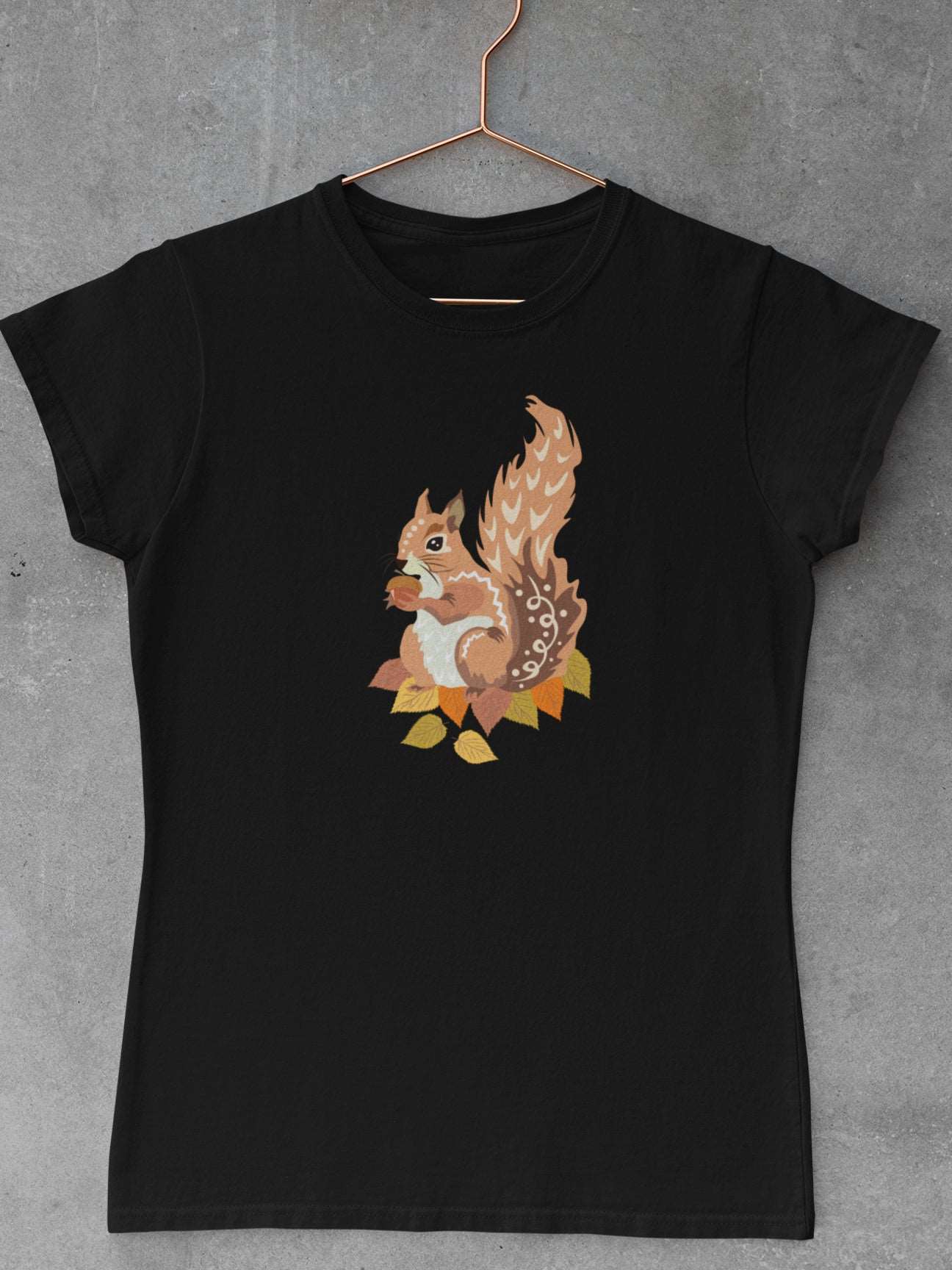 Tricou-bumbac-premium-organic-vegan-toamna-autumn-femei-hay-creations-Autumn-Squirrel-negru