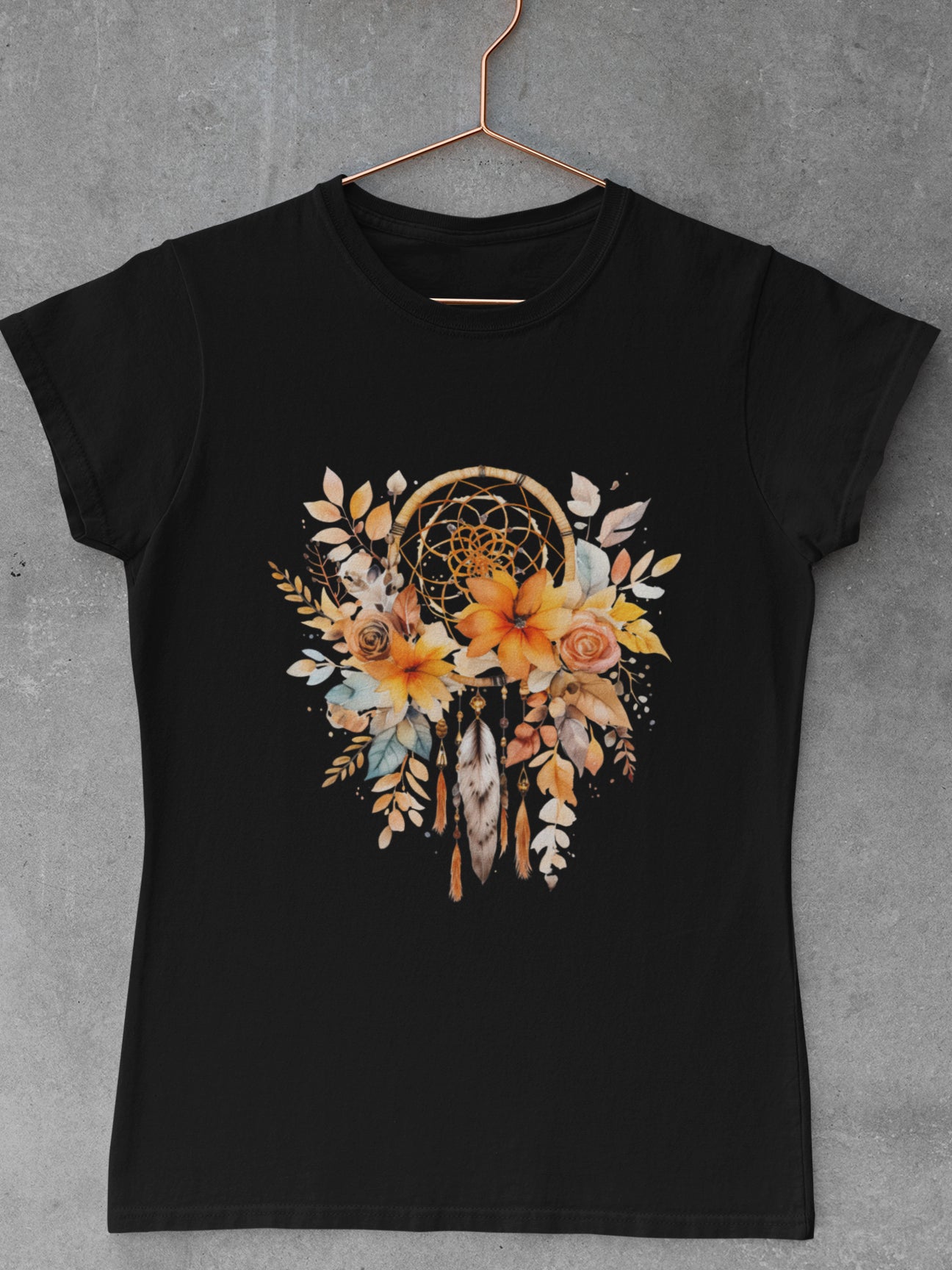 Tricou-bumbac-premium-organic-vegan-toamna-autumn-femei-hay-creations-Dreamcatcher-Enchantment-negru