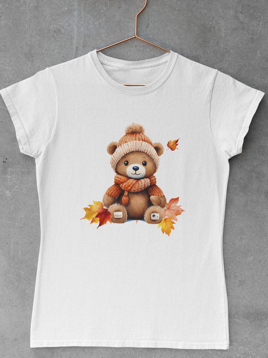 Tricou-bumbac-premium-organic-vegan-toamna-autumn-femei-hay-creations-cuddly-bear-alb