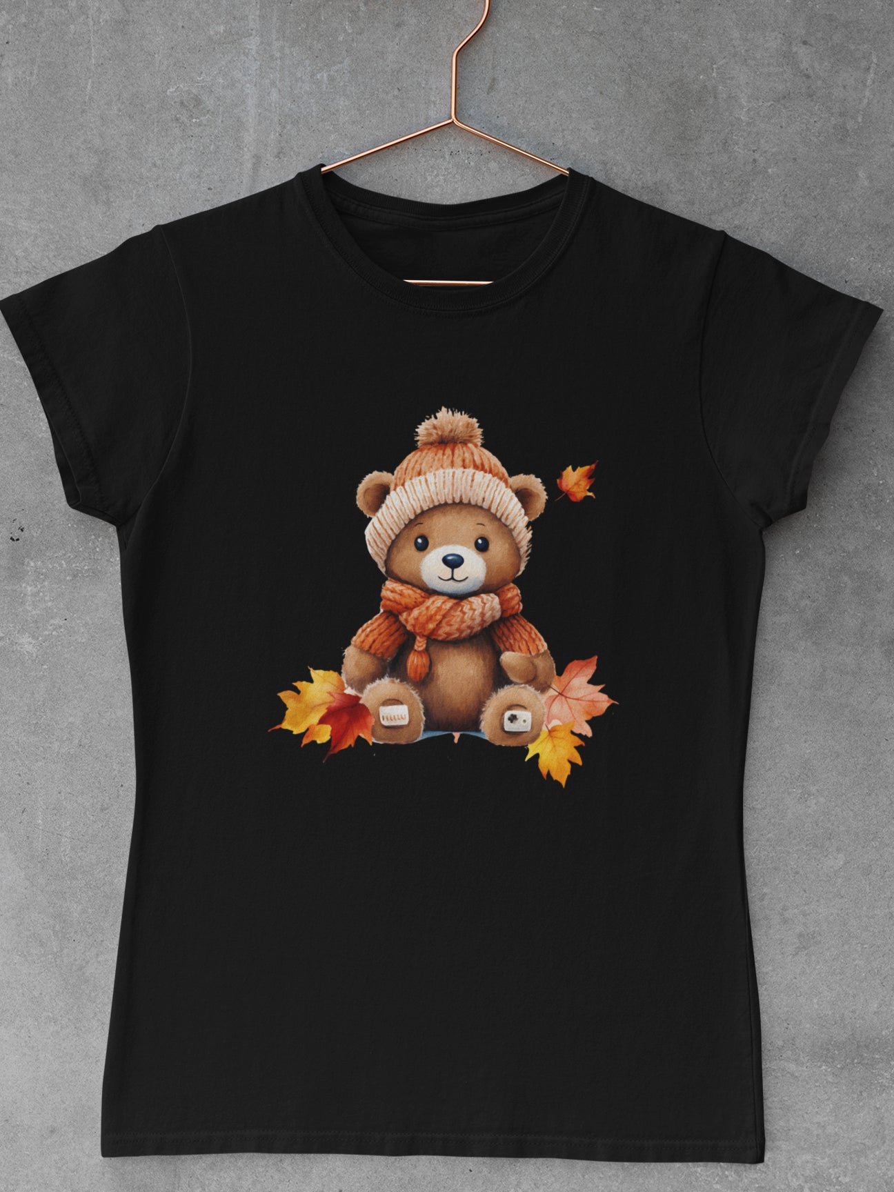 Tricou-bumbac-premium-organic-vegan-toamna-autumn-femei-hay-creations-cuddly-bear-negru