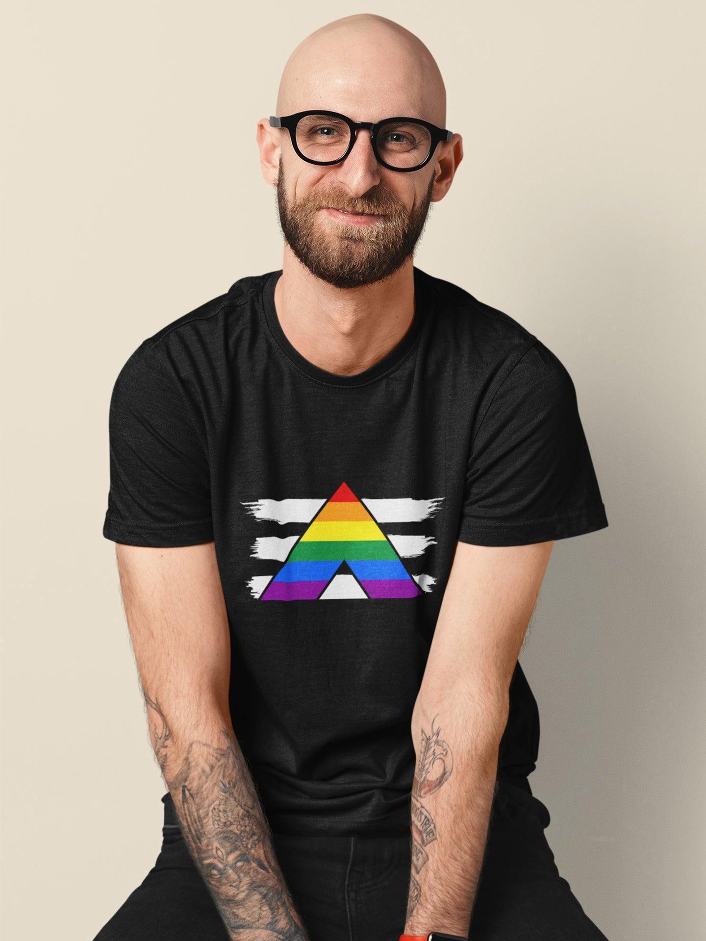  Tricou LGBT bărbați negru Hay Creations, colecția Love is Love Pride, bumbac organic premium vegan. Ally Flag Rainbow.