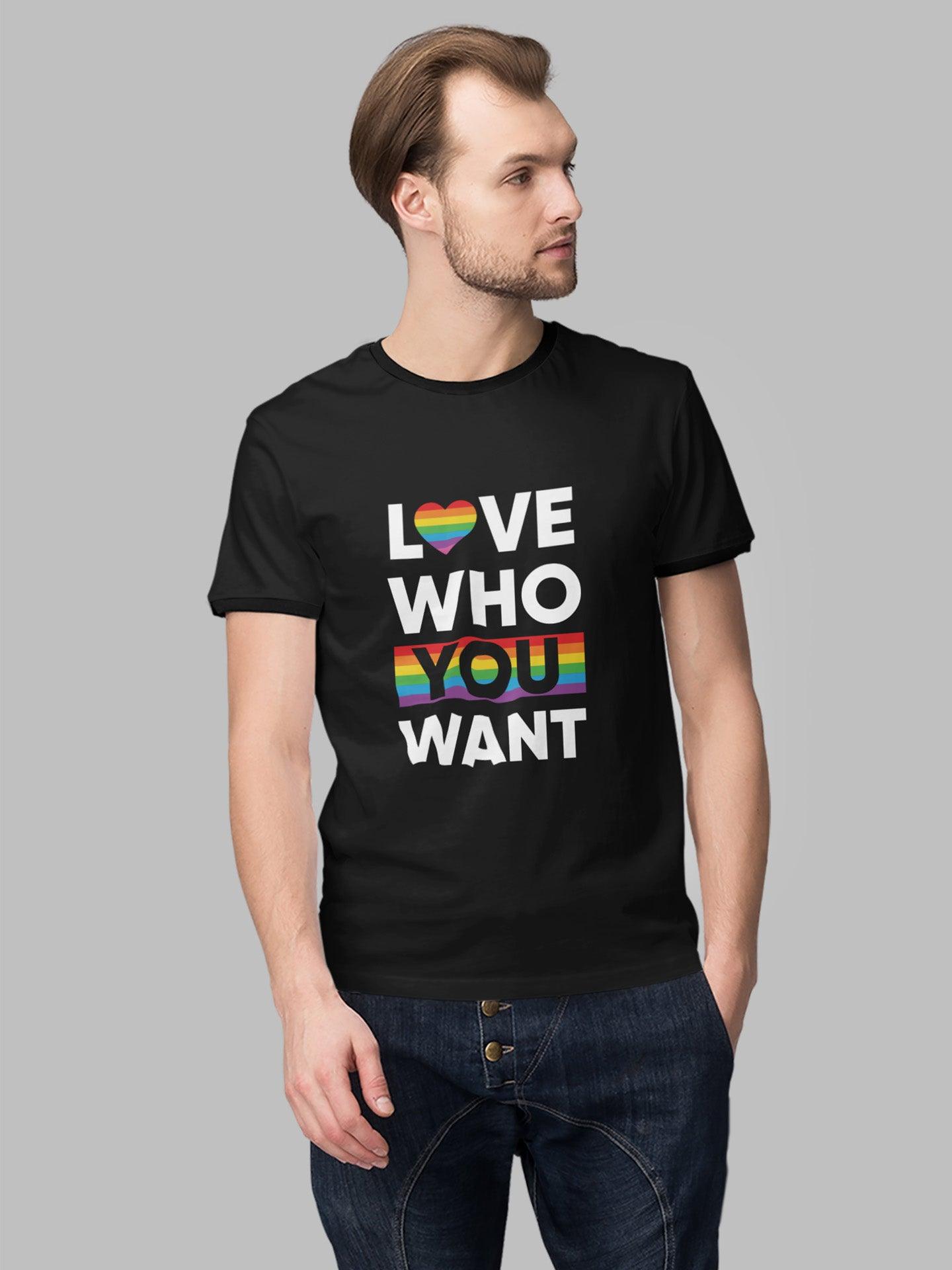 Tricou LGBT barbati negru Hay Creations, colecția Love is Love Pride, bumbac organic premium vegan. Love Who You Want.