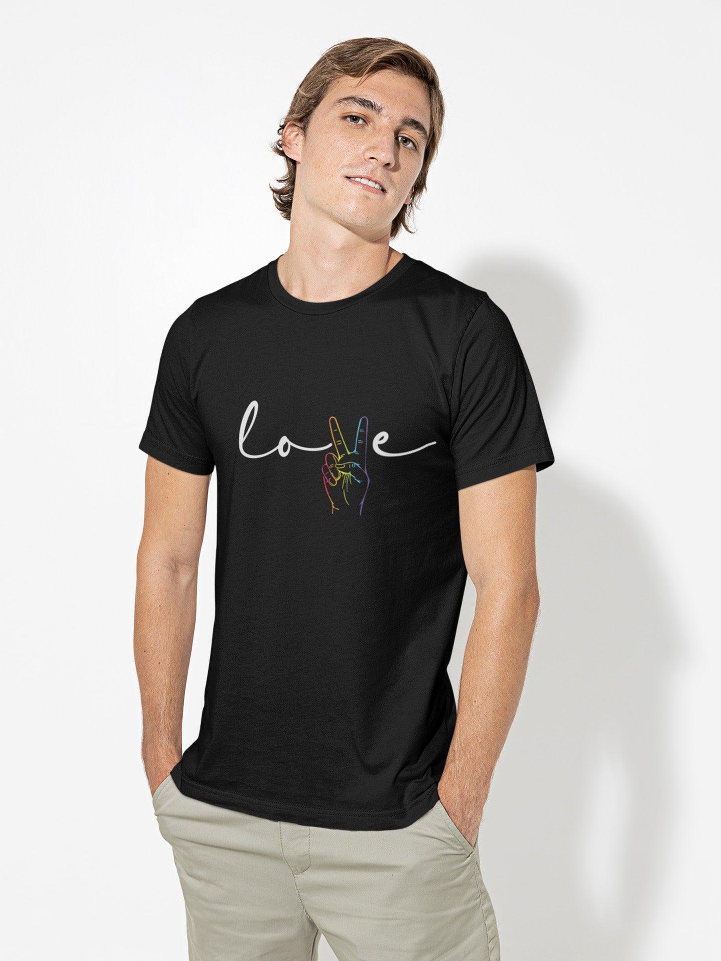 Tricou LGBT bărbați negru Hay Creations, colecția Love is Love Pride, bumbac organic premium vegan. "Love."