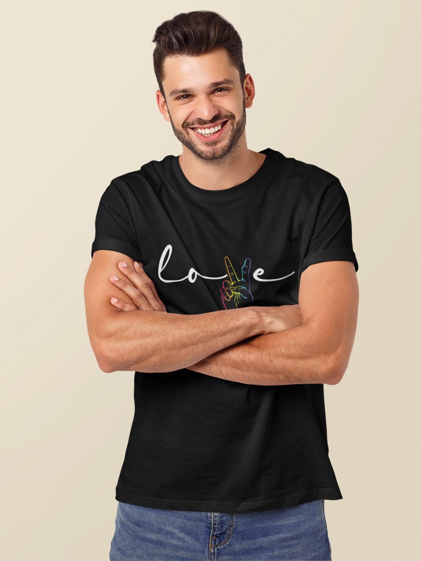 Tricou LGBT bărbați negru Hay Creations, colecția Love is Love Pride, bumbac organic premium vegan. "Love."