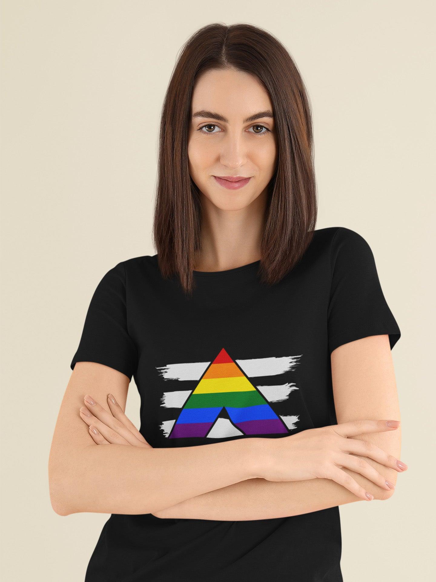 Tricou LGBT femei negru Hay Creations, colecția Love is Love Pride, bumbac organic premium vegan. Ally Flag Rainbow.