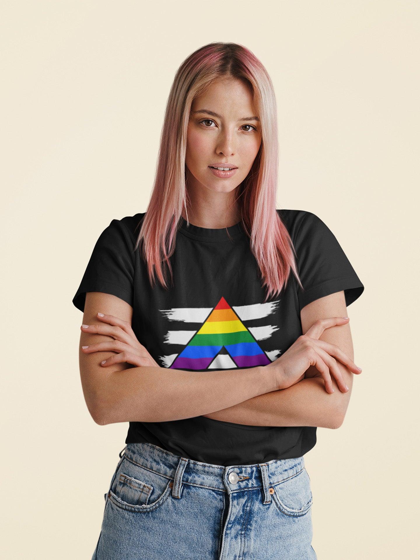 Tricou LGBT femei negru Hay Creations, colecția Love is Love Pride, bumbac organic premium vegan. Ally Flag Rainbow.