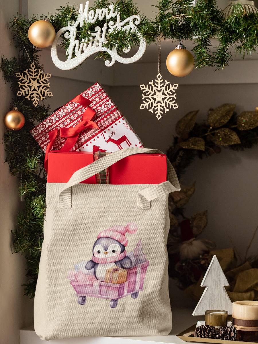 sacosa_textila_bumbac_organic_premium_vegan_cadou_Craciun_Secret_Santa_pink-penguin