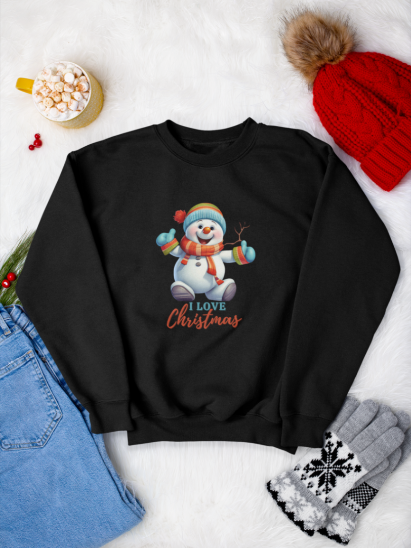     sweatshirt_bluza_bumbac_organic_premium_vegan_cadou_Craciun_Secret_Santa_smiling_snowman_neagra_i_love_christmas