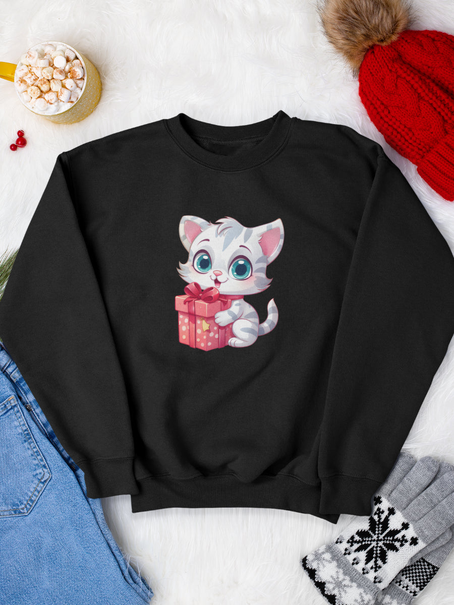    sweatshirt_bumbac_organic_premium_vegan_cadou_Craciun_Secret_Santa_cat-present-negru_bluza_craciun