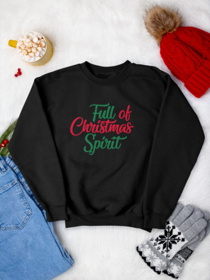     sweatshirt_bumbac_organic_premium_vegan_cadou_Craciun_Secret_Santa_full-of-Christmas-spirit-negru_design_colorat_bluza_de_craciun