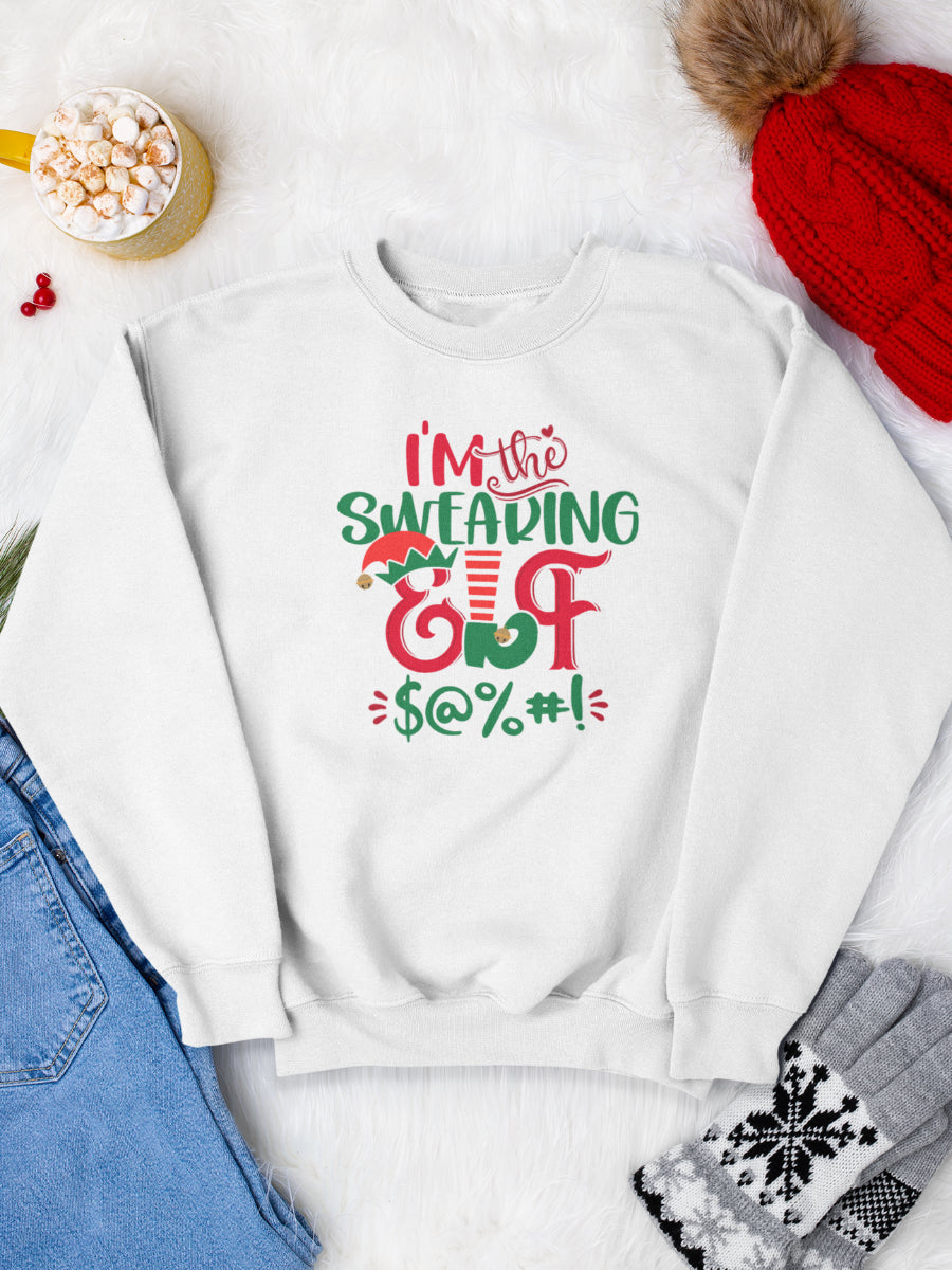     sweatshirt_bumbac_organic_premium_vegan_cadou_Craciun_Secret_Santa_im-the-swearing-elf-alb_bluza_craciun