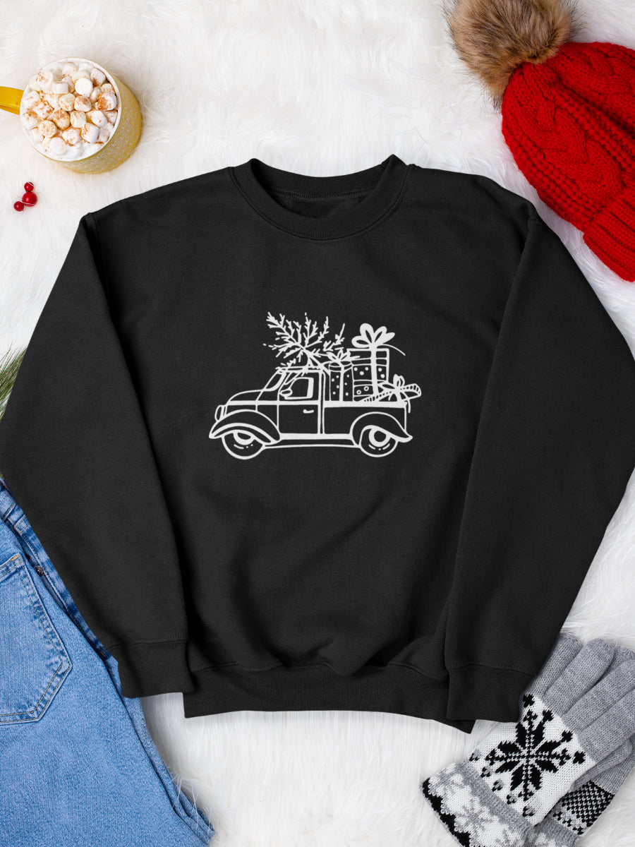 sweatshirt_bumbac_organic_premium_vegan_cadou_Craciun_Secret_Santa_truck-Christmas-negru_bluza_craciun