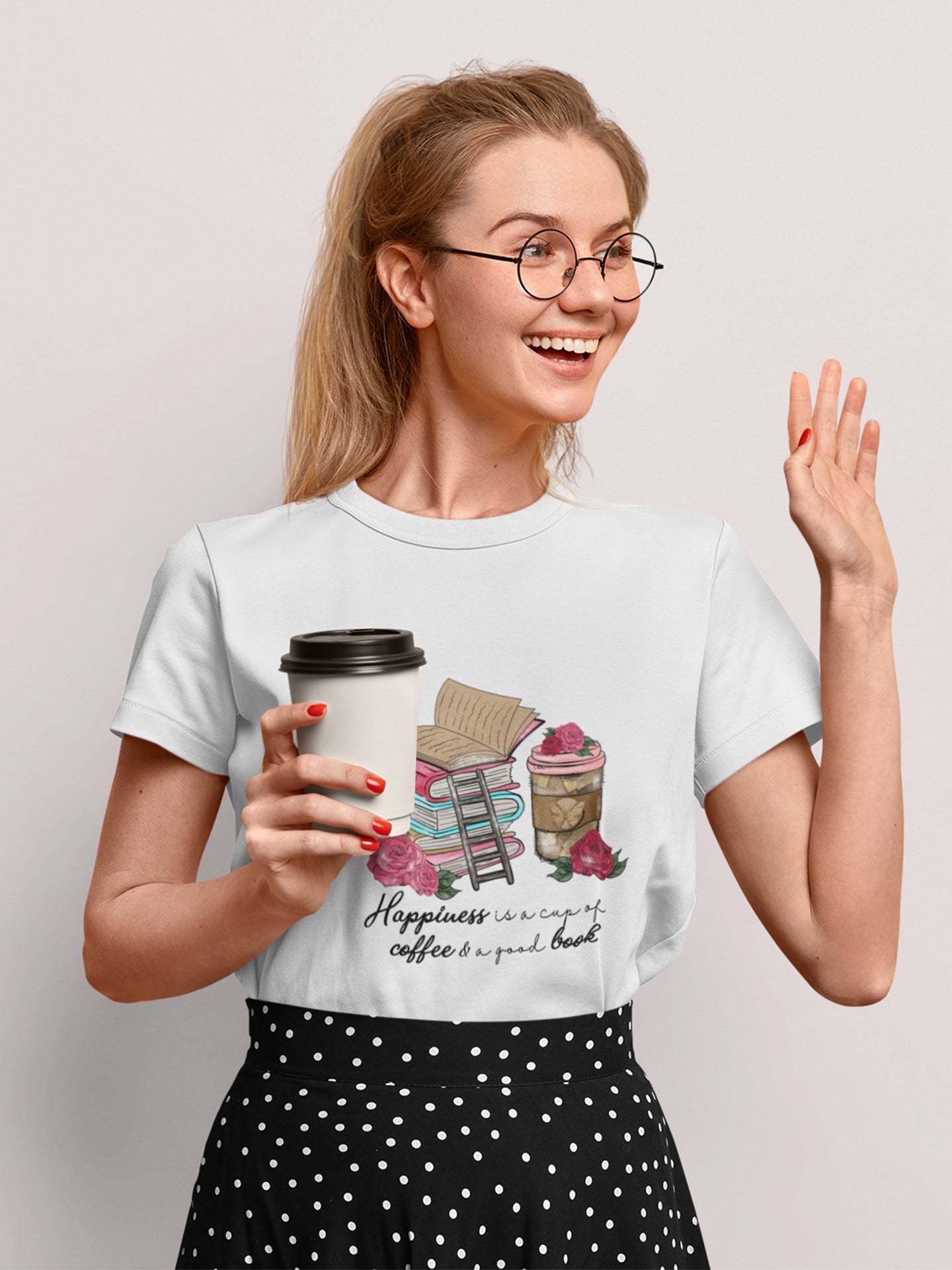 tricou bumbac organic premium vegan HAPPINESS IS A CUP OF COFFEE AND A GOOD BOOK