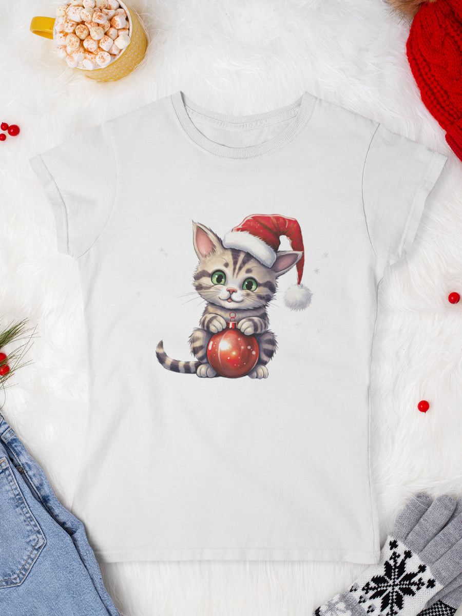 tricou_Craciun_pisici_pisica_bumbac_organic_femei_HAY_Creations_cadou-fur-christmas-ball-alb