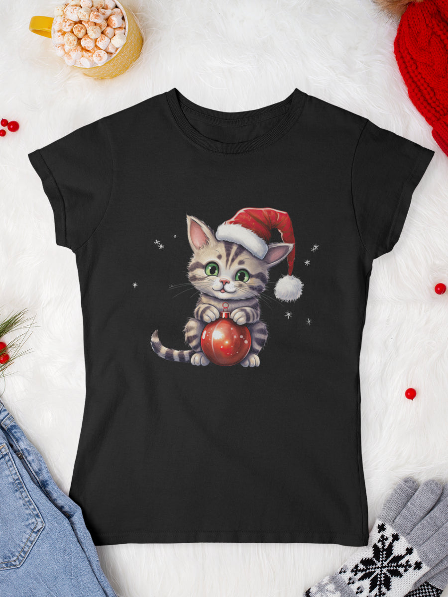     tricou_Craciun_pisici_pisica_bumbac_organic_femei_HAY_Creations_cadou-fur-christmas-ball-negru