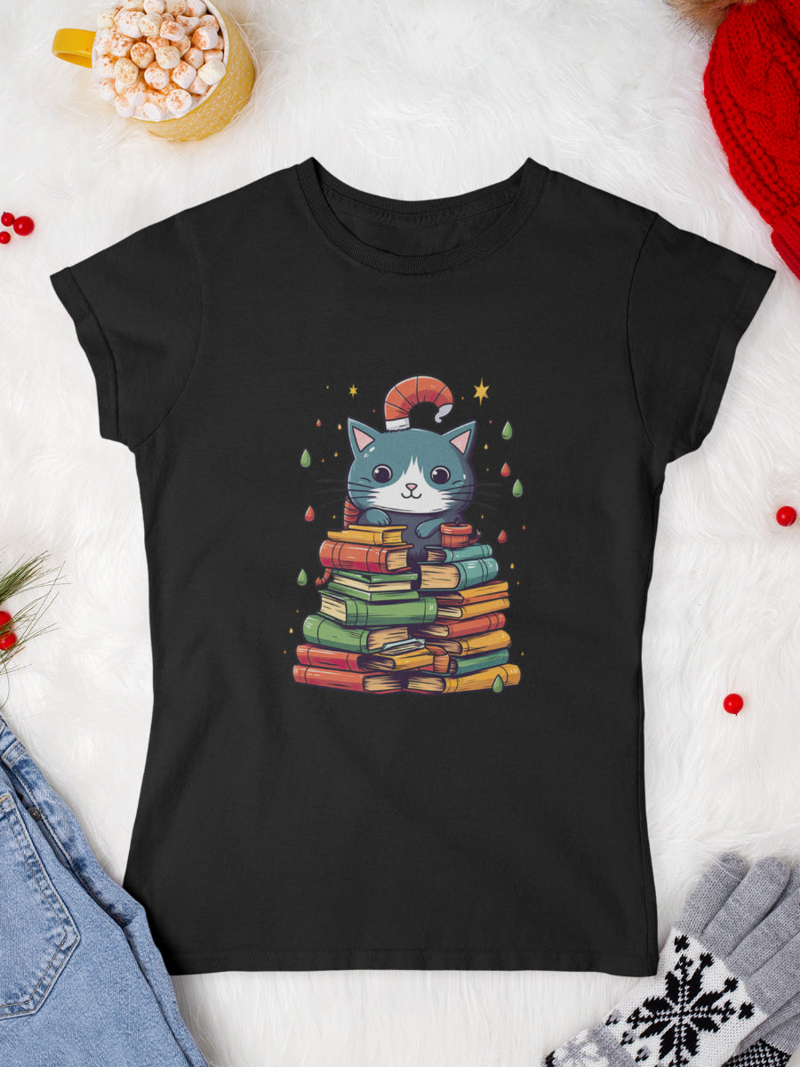 tricou_Craciun_pisici_pisica_bumbac_organic_femei_HAY_Creations_cadou_-Catmas_Books-negru