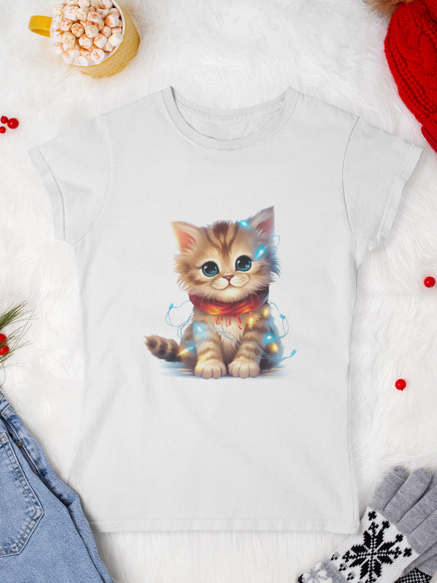 tricou_Craciun_pisici_pisica_bumbac_organic_femei_HAY_Creations_cadou_Christmas-lights-alb