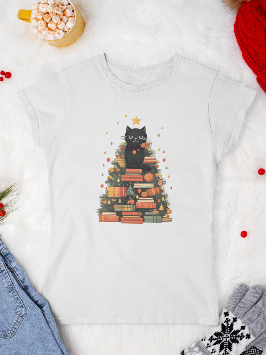 tricou_Craciun_pisici_pisica_bumbac_organic_femei_HAY_Creations_cadou_black-cats-love-books-alb