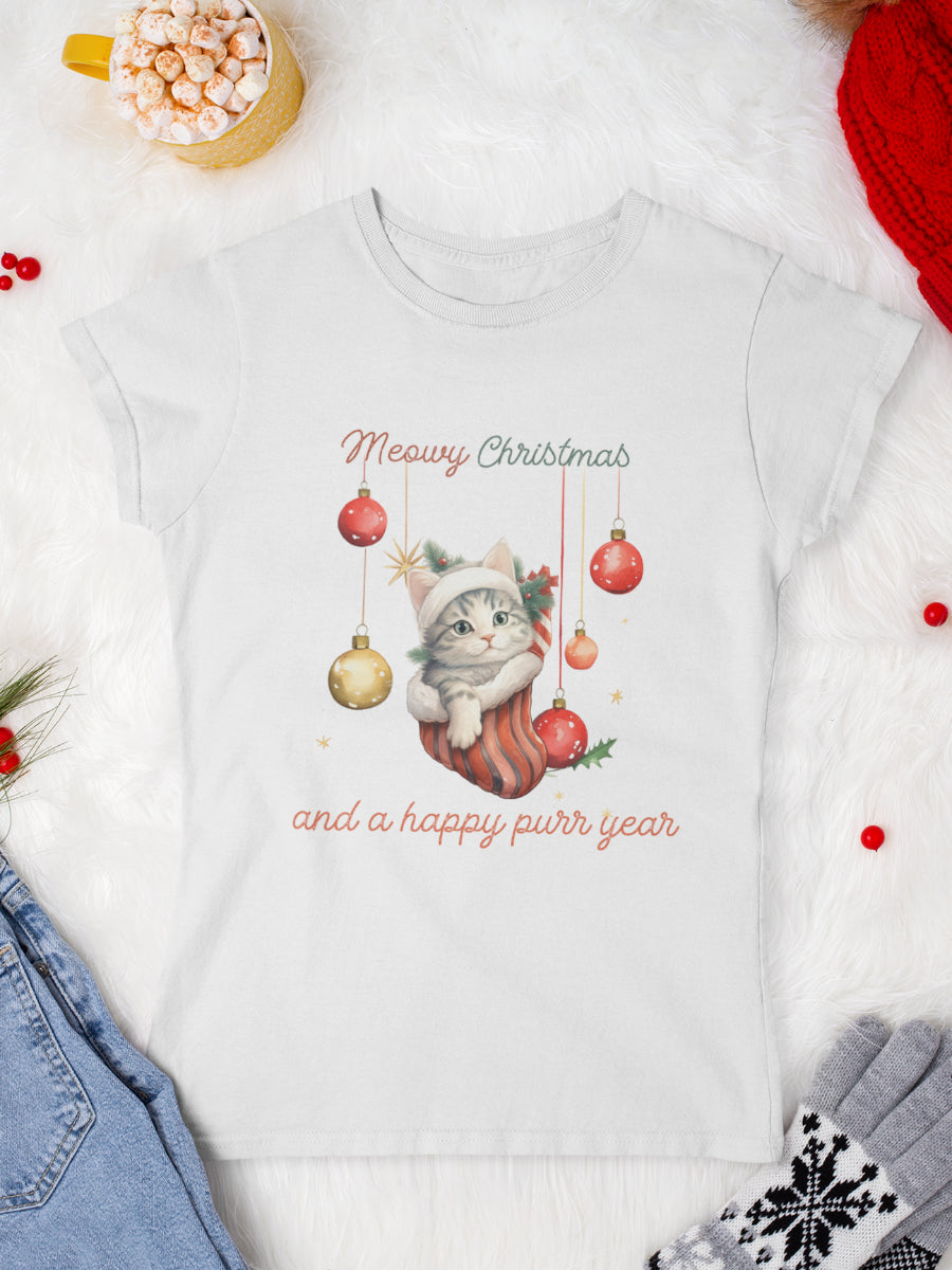 tricou_Craciun_pisici_pisica_bumbac_organic_femei_HAY_Creations_cadou_happy-purr-year-alb