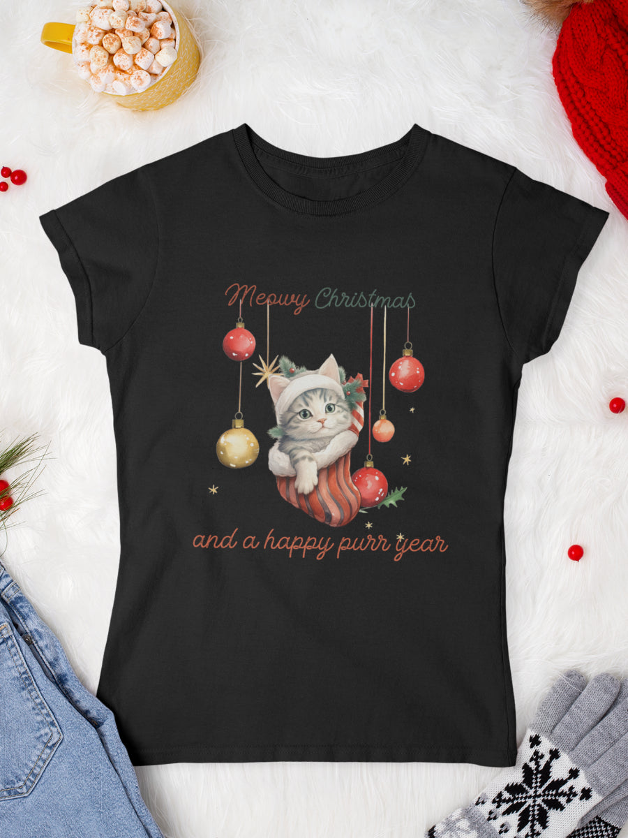 tricou_Craciun_pisici_pisica_bumbac_organic_femei_HAY_Creations_cadou_happy-purr-year-negru