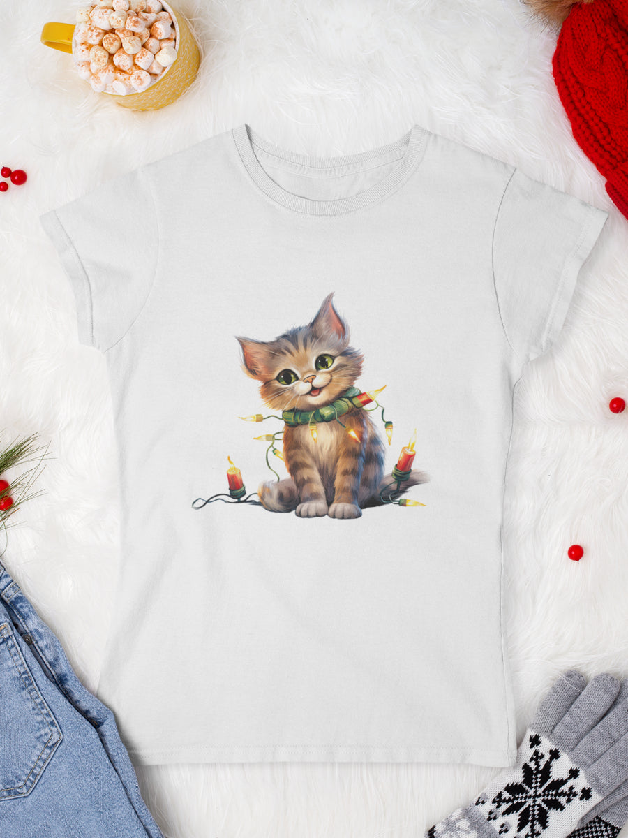     tricou_Craciun_pisici_pisica_bumbac_organic_femei_HAY_Creations_cadou_jolly-glowy-cat-alb