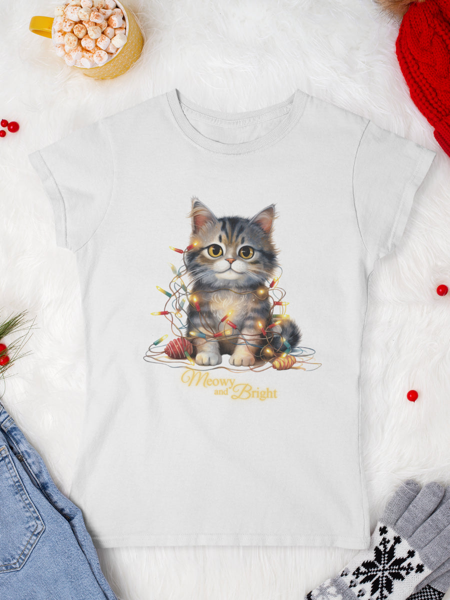 tricou_Craciun_pisici_pisica_bumbac_organic_femei_HAY_Creations_cadou_meowy_and_bright-alb