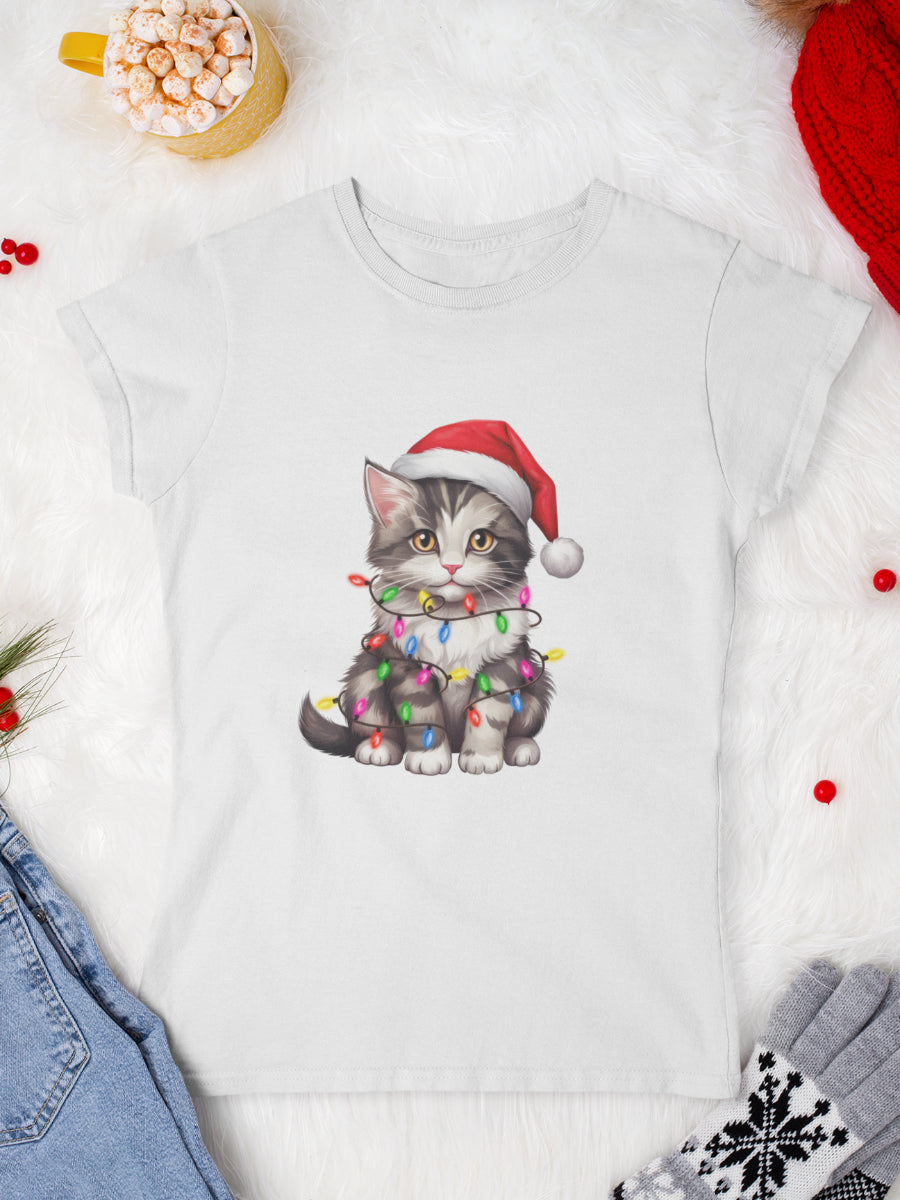     tricou_Craciun_pisici_pisica_bumbac_organic_femei_HAY_Creations_cadou_paws-of-joy-alb