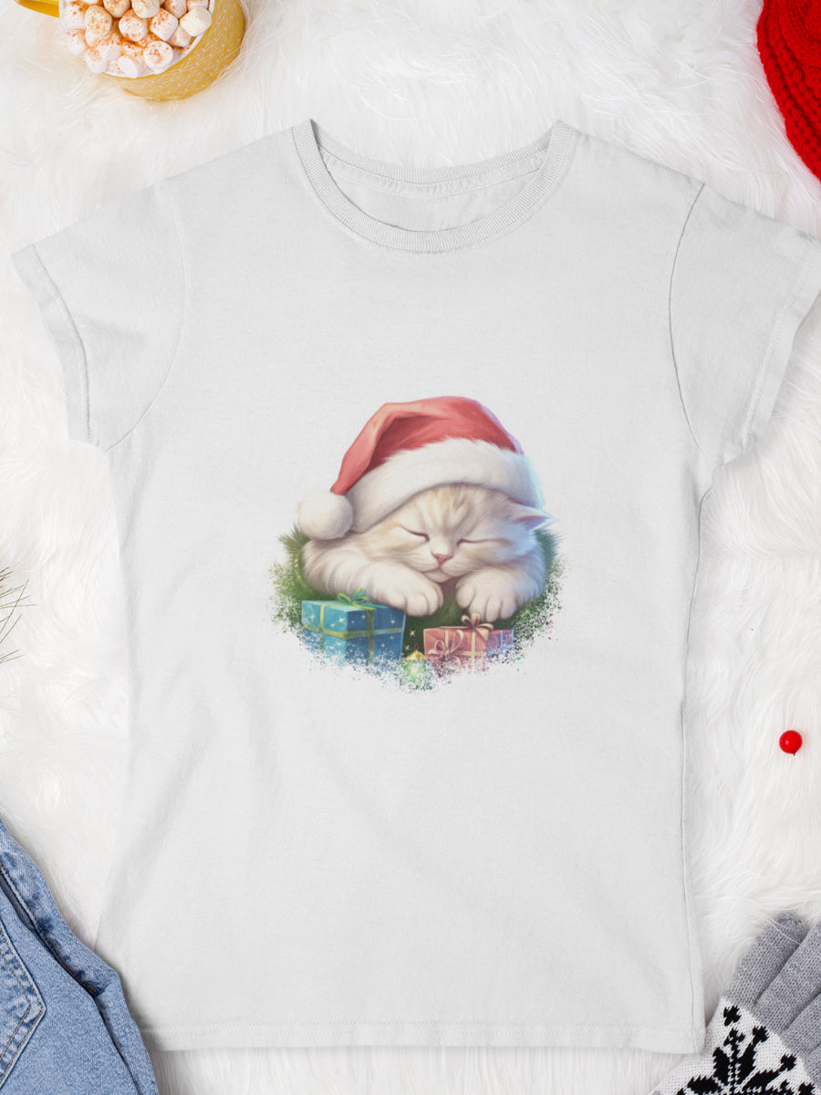 tricou_Craciun_pisici_pisica_bumbac_organic_femei_HAY_Creations_cadou_sleepy-kitty-alb