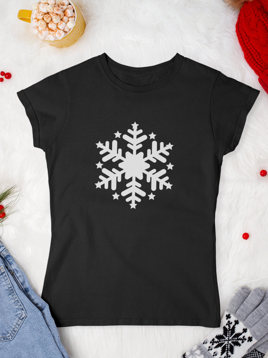     tricou_bumbac_organic_premium_vegan_cadou_Craciun_Secret_Santa-snowflake-femei-negru