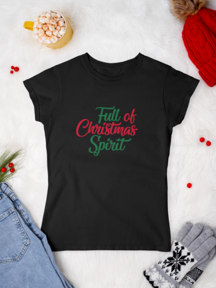      tricou_bumbac_organic_premium_vegan_cadou_Craciun_Secret_Santa_full-of-Christmas-spirit-negru-femei_design_colorat