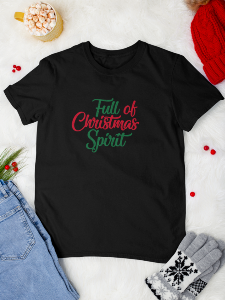     tricou_bumbac_organic_premium_vegan_cadou_Craciun_Secret_Santa_full-of-christmas-spirit-negru-unisex-barbati_design_colorat