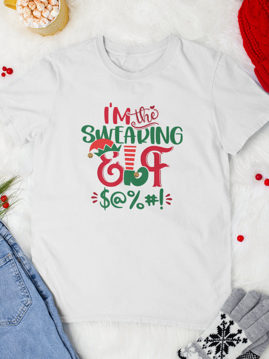 tricou_bumbac_organic_premium_vegan_cadou_Craciun_Secret_Santa_im-the-swearing-elf-alb-unisex-barbati