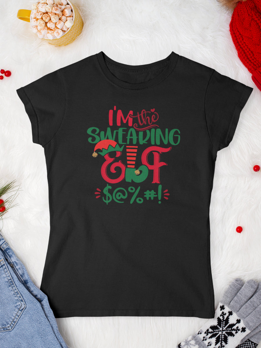     tricou_bumbac_organic_premium_vegan_cadou_Craciun_Secret_Santa_im-the-swearing-elf-negru-femei