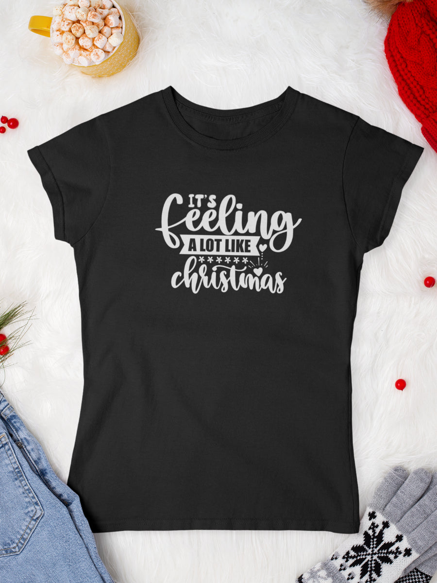 tricou_bumbac_organic_premium_vegan_cadou_Craciun_Secret_Santa_its-feeling-a-lot-like-Christmas-negru-femei