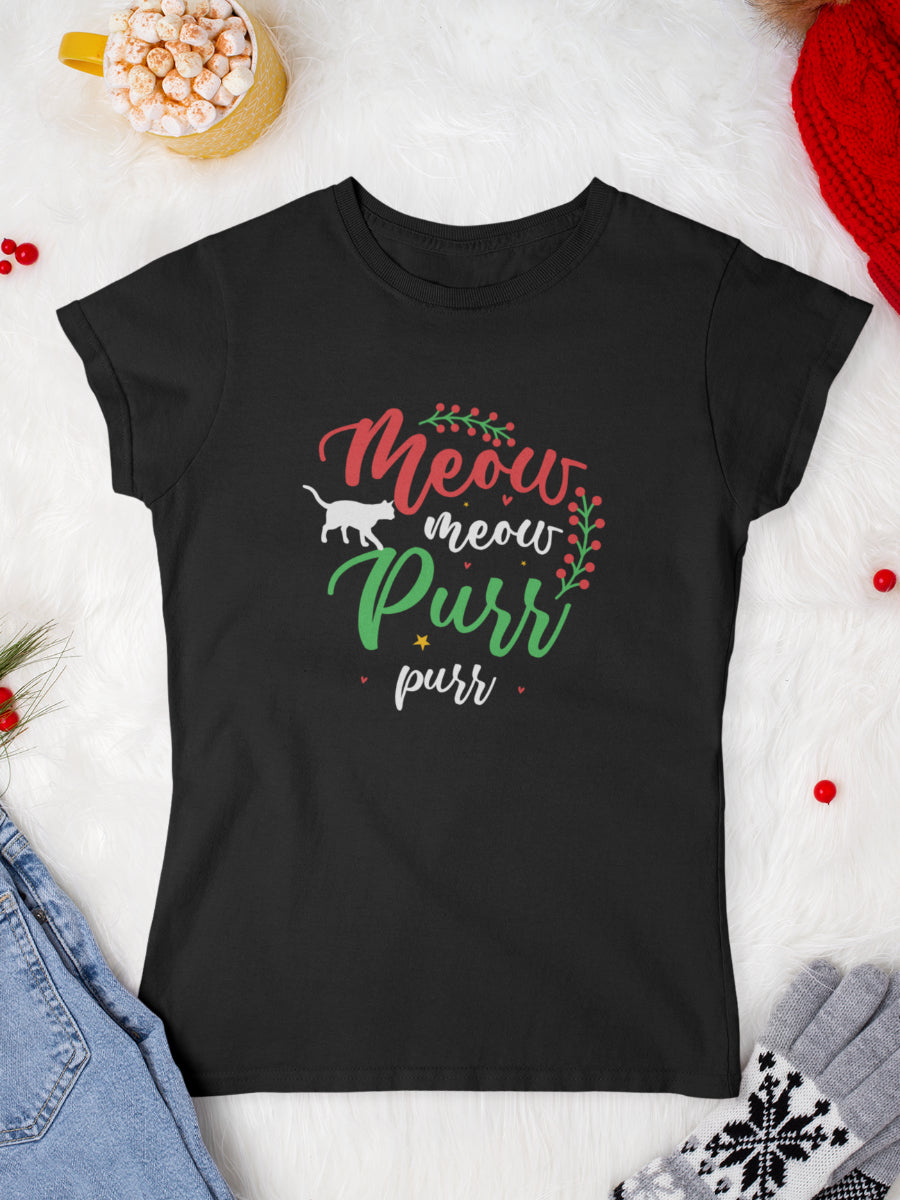     tricou_bumbac_organic_premium_vegan_cadou_Craciun_Secret_Santa_meow-purr-xmas-femei-negru